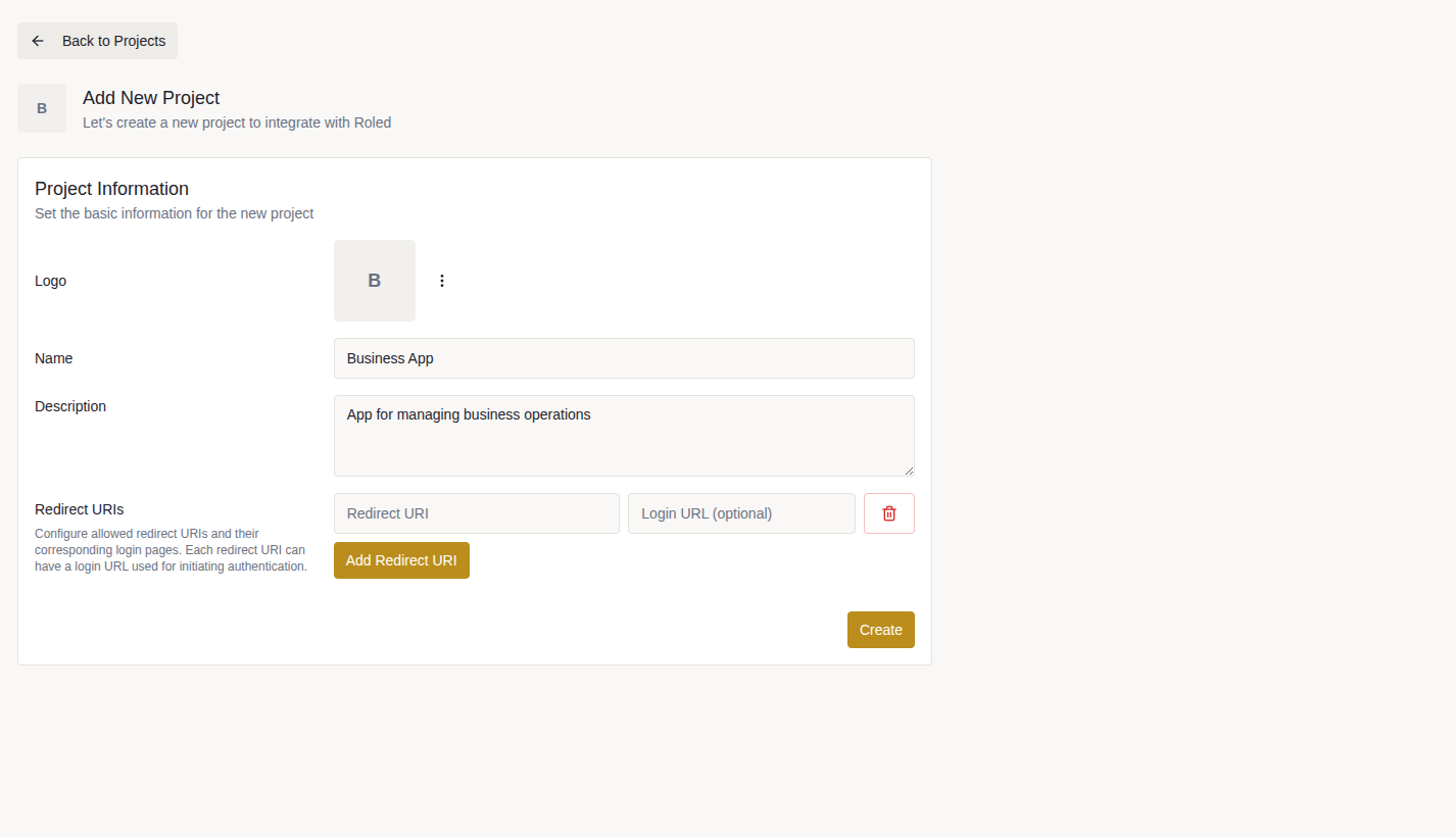 Create a new project in Roled Console